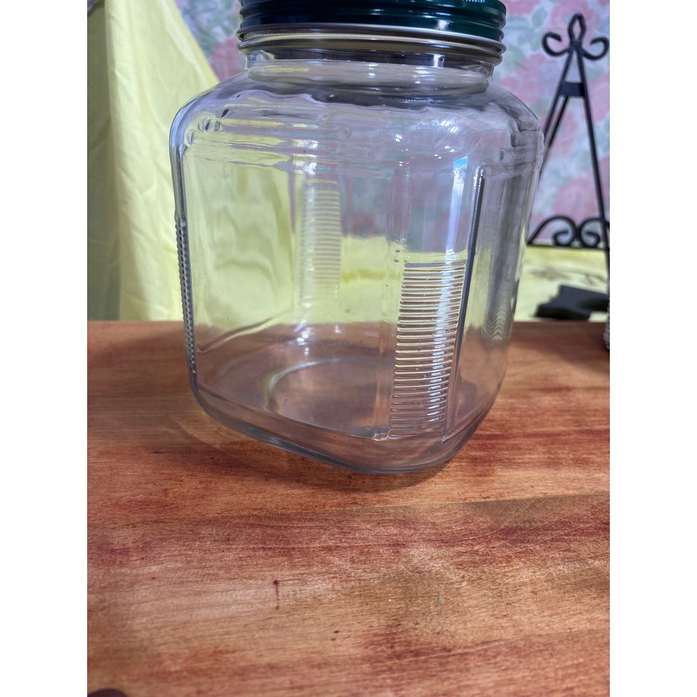 Vintage Clear Glass Square Canister Jar with Green Metal Lid Ribbed Sides 8.5in